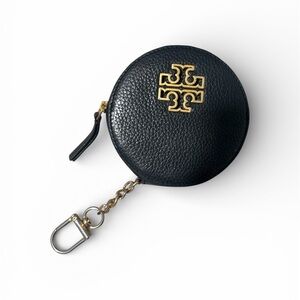 Tory Burch Black Pebbled Leather Round Coin Pouch with Gold Logo